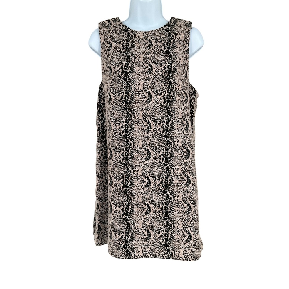 Free People Shift Dress Womens 6 Tan Black Cotton Blend Snakeskin Boho Mini